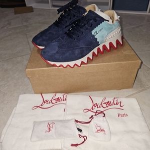 Christian Louboutin Mens Loubishark Flat Blue Scuro Suede Low Top